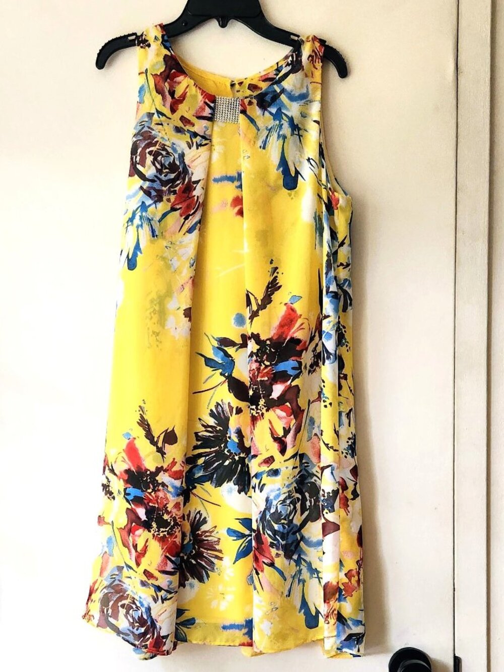 🌷 JBS Summer Floral Layered Lined Yellow Sleeveless Dress Sz 8 Crystals Design